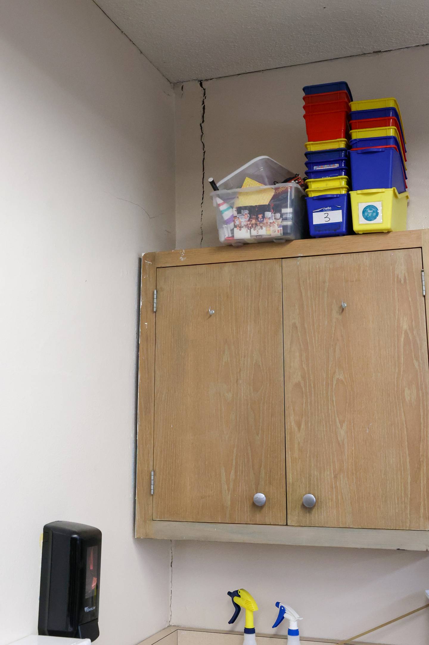 A crack can be seen inside a classroom as a result of the structural damage at Edison Primary School in Kankakee on Jan. 7, 2026, following the school's emergency closure by Kankakee School District 111.