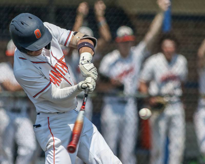 Oswego's Tyler Stack (25) swings at a pitch during Class 4A Romeoville Sectional final game between Oswego East at Oswego.  June 3, 2023.