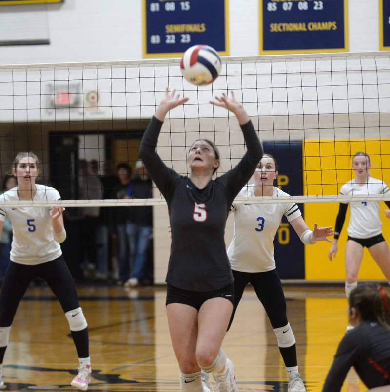Fulton's Miraya Pessman (5) sets the ball against Galena during 1A action at the Polo Sectional on Tuesday, Nov. 5, 2024 at Polo High School.