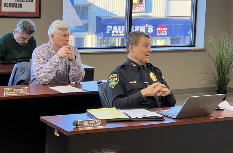 Sycamore Finance Director Kristian Dominguez and Director of Public Works Matt Anderson listen as Police Chief Jim Winters talks about expanding the city's license plate reader program from nine cameras to 17 during the Sycamore City Council meeting on March 18, 2024.