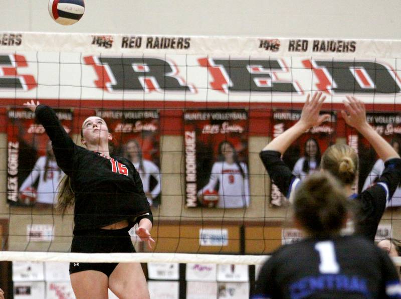 Huntley’s Georgia Watson hits the ball against Burlington Central in varsity volleyball at Huntley High School in Huntley on Thursday, Oct. 24, 2024.