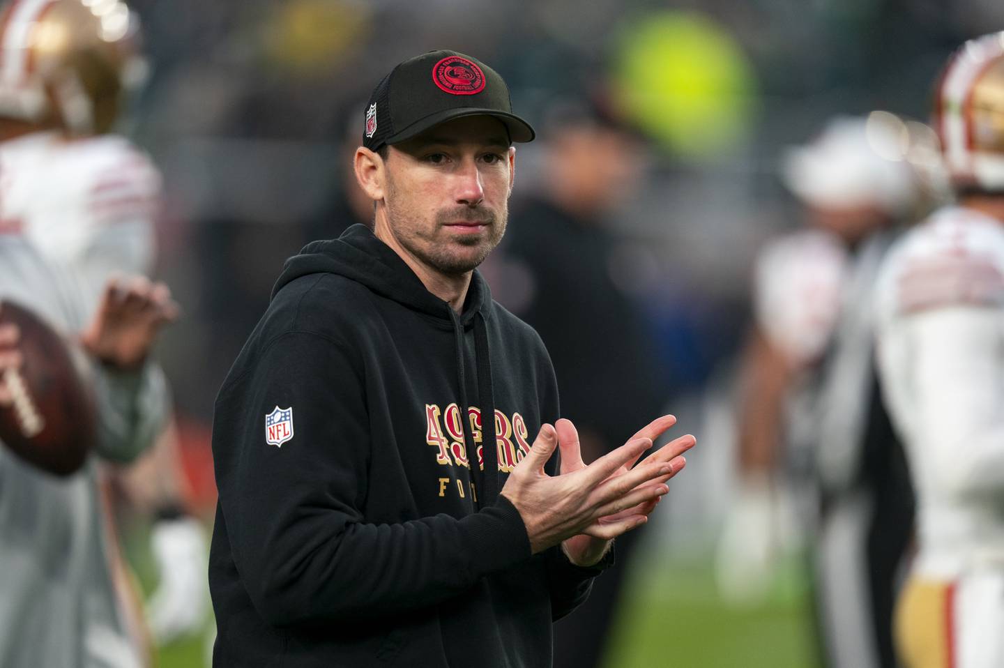 San Francisco 49ers offensive passing game specialist Klint Kubiak looks on prior to a game against the Philadelphia Eagles, Sunday, Dec. 3, 2023, in Philadelphia.