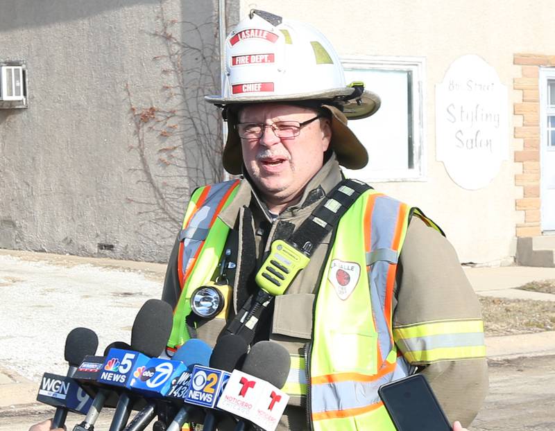 La Salle fire chief Jerry Janick addresses the media at a press conference regarding a massive fire at Carus Chemical on Wednesday, Jan. 11, 2023 in La Salle.