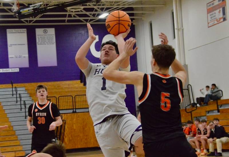 Rochelle's Sebastian Albertson goes up for a basket during the Hubs' sophomore game with Byron.