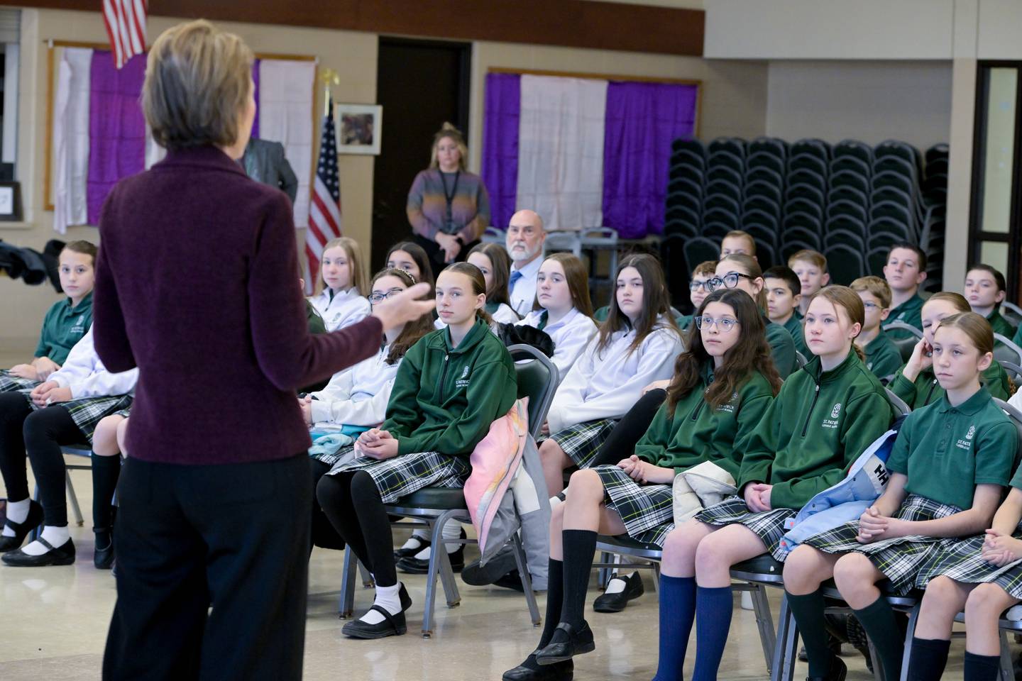 Illinois Supreme Court Justice Elizabeth Rochford speaks to 7th grade students at St Patrick Catholic School on Thursday, Dec 4, 2025 in St. Charles.
