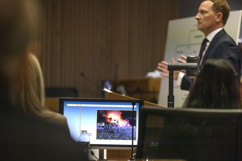 Images and video at the scene of the fire are shown to jury members Tuesday, Nov. 4, 2025, in the Garrett Ramos wrongful death suit.