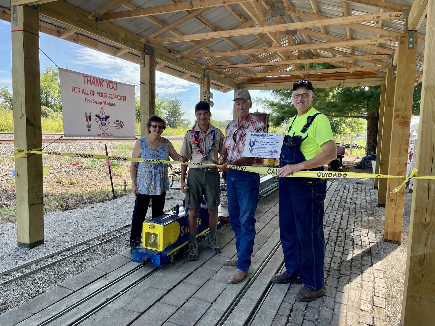 George Werderich presented Plowman's Station to officials from the Prairie State Railroad Club and Big Rock Plowing Match Association. (from left to right: Denise Farrugia, George Werderich, Terry Sorensen, and Bill Kobernus) (Photo provided)