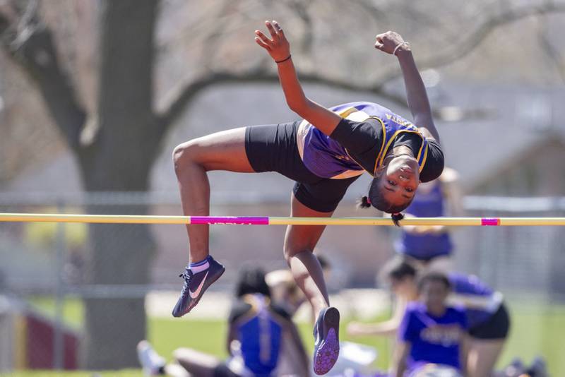 Mariyah Elam of Mendota ties Sonia Proksa of Streator for first place in women's high jump during the Rollie Morris Invite at Hall High School on April 13, 2024.