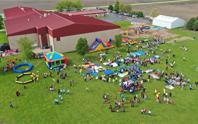 An aerial view of the the Wallace Warrior Games on Friday, May 8, 2026 at Wallace Grade School. The unified event promoted inclusiveness, friendships and fun. 25 schools and over 400 kids from La Salle, Bureau and Putnam Counties participated in the event.