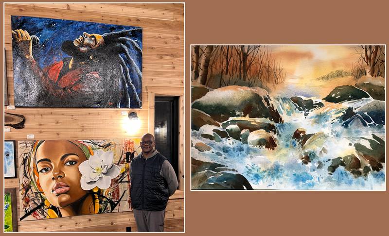 (Left to right); Artwork by KVAL member Anthony Nelson and "River at Sunset" art piece by Tamara Shriver