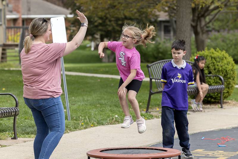 During the American Heart Association Kids Challenge at St. Anne School in Dixon, staff and students jumped, leaped and performed other physical activities for the fundraiser.