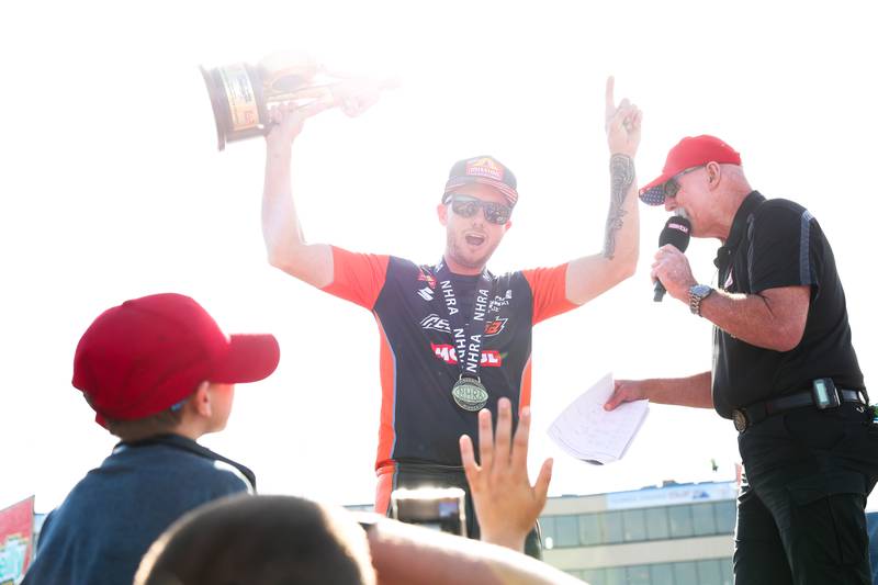 Gaige Herrera celebrates his Pro Stock Motorcycle title win at the NHRA’s Gerber Collision and Glass Route 66 Nationals at Route 66 Raceway on Sunday, May 19, 2024 in Joliet.