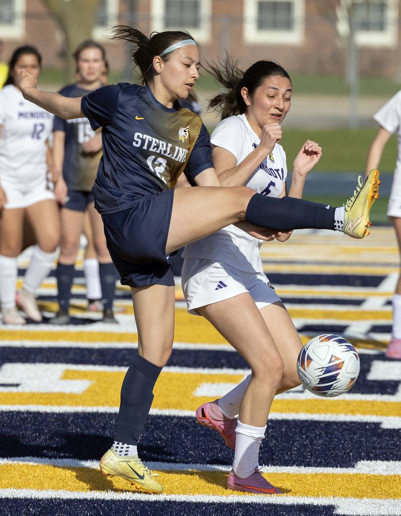 Sterling’s Alaena Lugo works against Mendota’s Hayden Cedillo Wednesday, April 8, 2026.