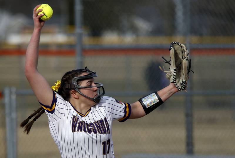 Wauconda's Aubrey Fetingis throws a pitch during a nonconference softball game on against Crystal Lake Central Friday, March 20, 2026, at Crystal Lake Central High School.