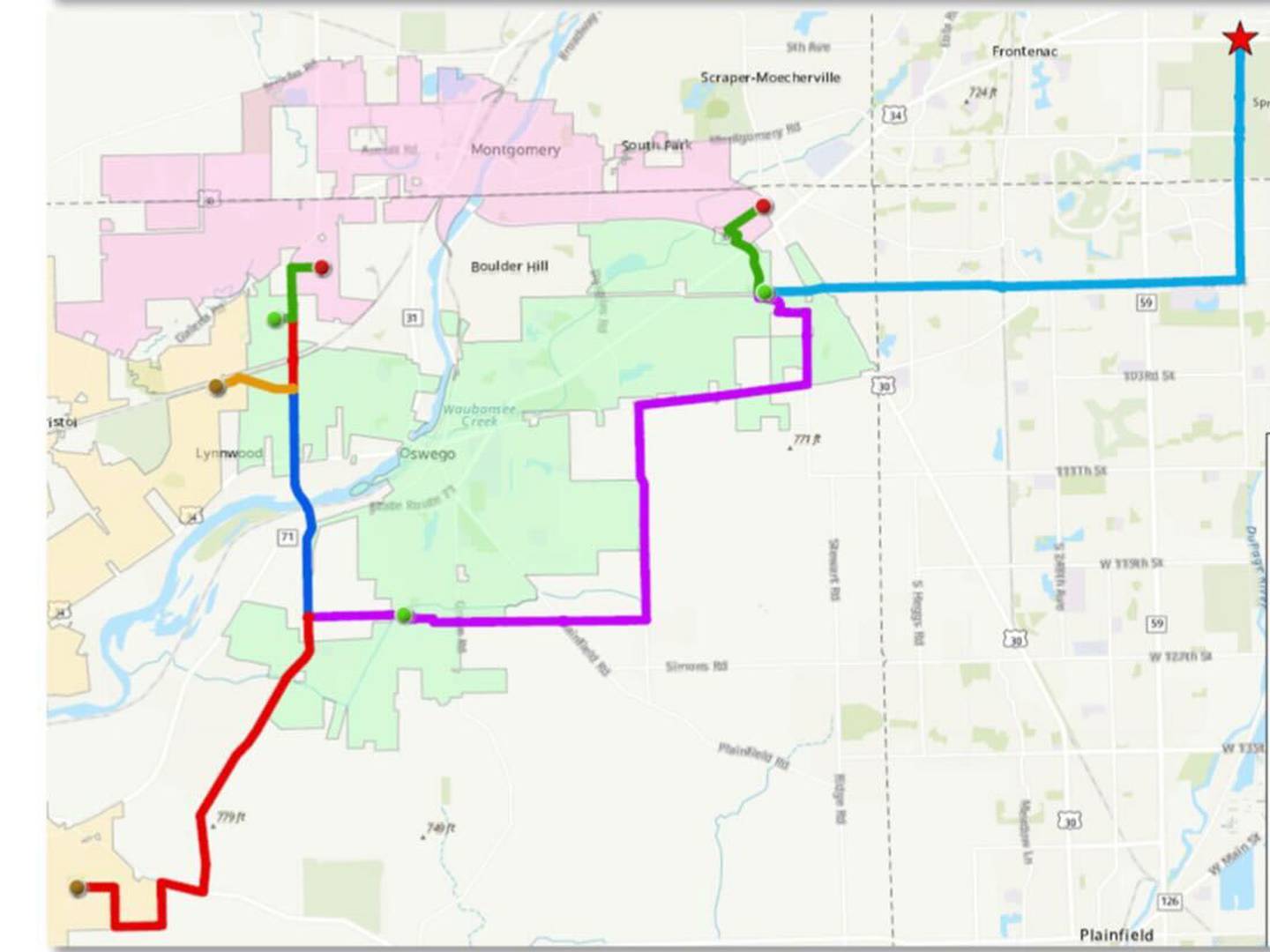 The proposed route of the Lake Michigan water pipeline that would serve Montgomery, Oswego and Yorkville is shown on the map above. The pipeline would connect with an existing pipeline near 75th Street and Book Road in Naperville, in the upper right corner. (Map courtesy of the village of Montgomery)