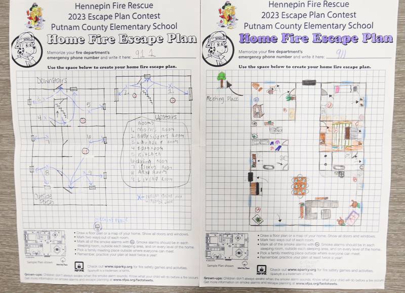 A view of the Escape Plan winning plans on Tuesday, Nov. 21, 2023 at Putnam County Elementary School in Hennepin. The plans were drawn by Giada Wright third-grader and Arya King fourth-grader. The Escape Plan contest was held by the fire depatment. Students had to draw a floor plan or map of their home showing all doors and windows. Smoke alarms had to be marked in each plan. A family meeting place was also required to be marked on the drawings. The Hennepin Fire Department has been holding the contest for several years. The department stopped the event during Covid and continued it for the first time since the pandemic this year. The department picks the winning children up on a firetruck instead of a school bus.