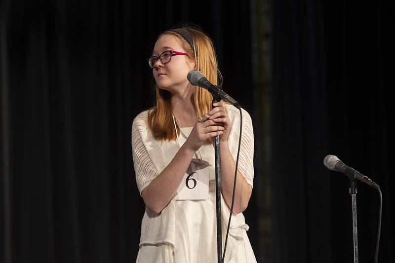Montmorency 7th grader Heidi Epps competes Thursday, Feb. 21, 2024 at the Lee-Ogle-Whiteside regional spelling bee. Epps missed the word “university” in round three.