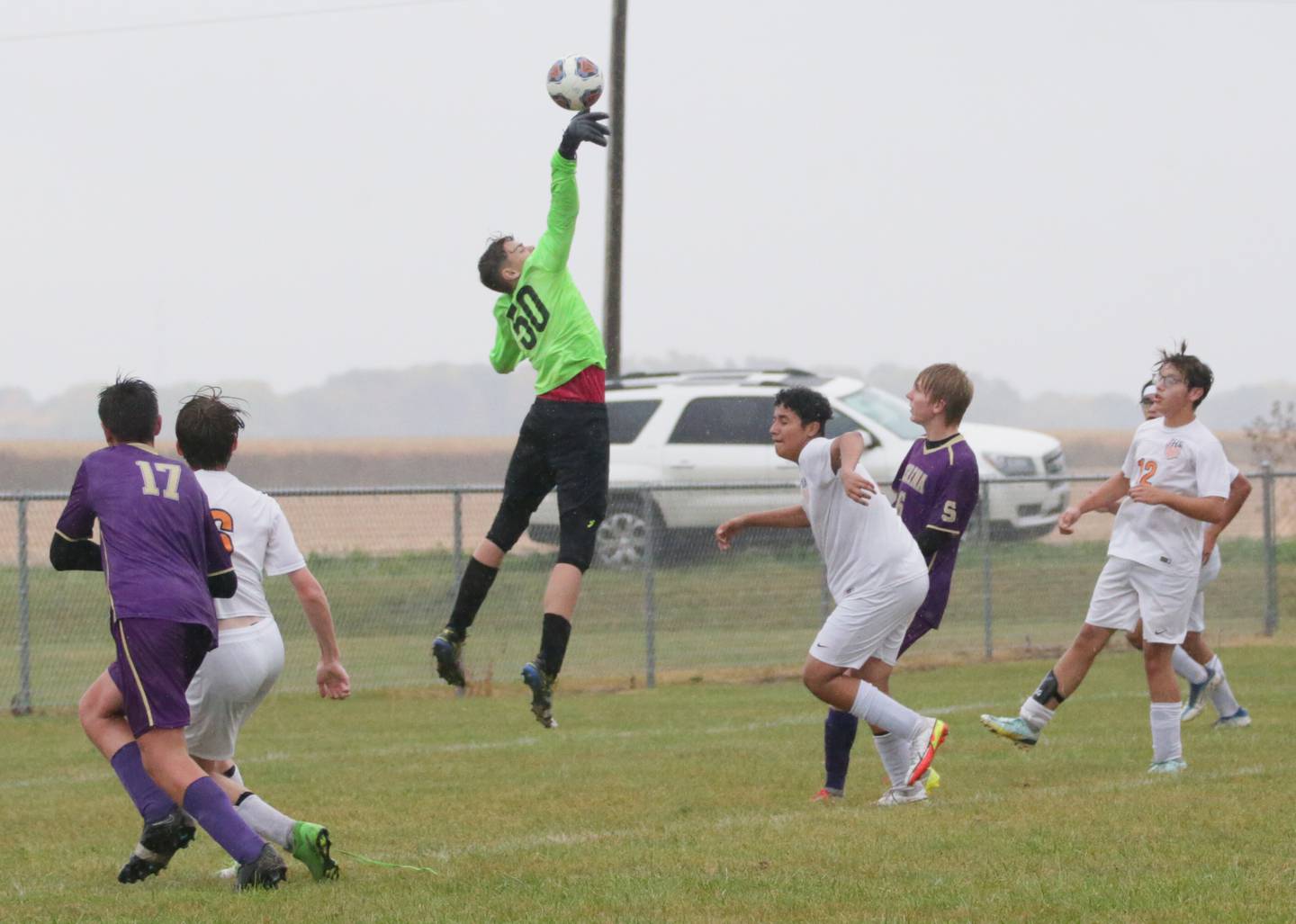 Sandwich's keper Johnathon Carlson tips the ball in the air as he misses a block against Serena in the Class 1A Regional semifinal game on Tuesday, Oct. 11, 2022 in Serena.