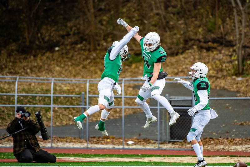 Providence Catholics Alex Gibson and Jack Tess celebrate Gibsons touchdown during the 3rd round IHSA Class 4A playoff game against Richmond Burton Saturday Nov. 12, 2022 at Providence Catholic High School in New Lenox