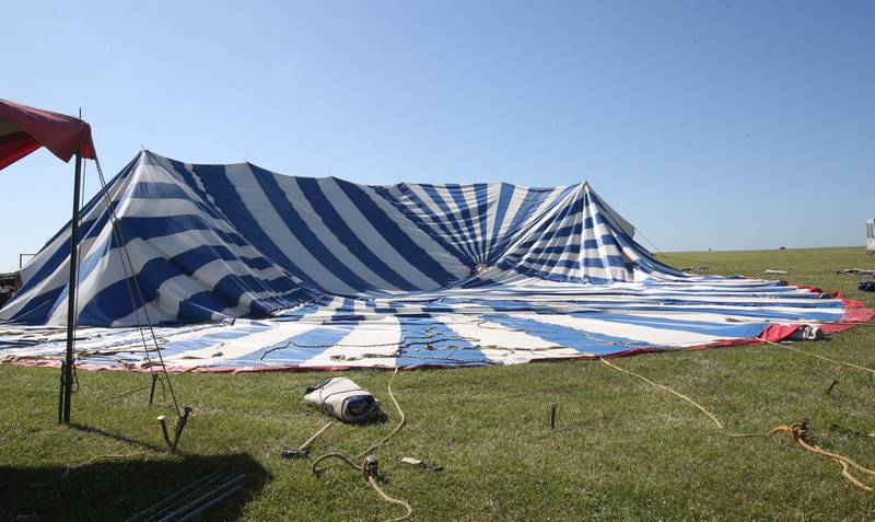 Crew members from the Culpepper & Merriweather Circus set up the "big top" tent on Monday, June 23, 2025 at Boggios in Granville. The "big top" tent is 70 x 110 feet. It takes a crew of 12 men approximately two hours to set it up and 45 minutes to take it down. The tent weighs 3,600 pounds, stands 30 feet tall and utilizes 32 side poles, 16 quarter poles, two center poles, and 100 stakes. The circus held two shows and was sponsored by the Village of Granville and Boggio's Orchard & Produce, LLC