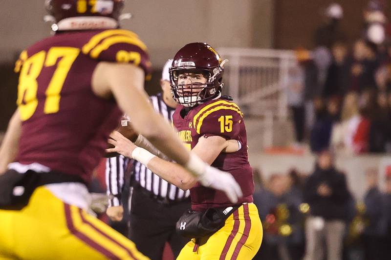 Loyola’s Ryan Fitzgerald finds an open Brendan Loftus against Lincoln-Way East in the Class 8A championship on Saturday, Nov. 25, 2023 at Hancock Stadium in Normal.