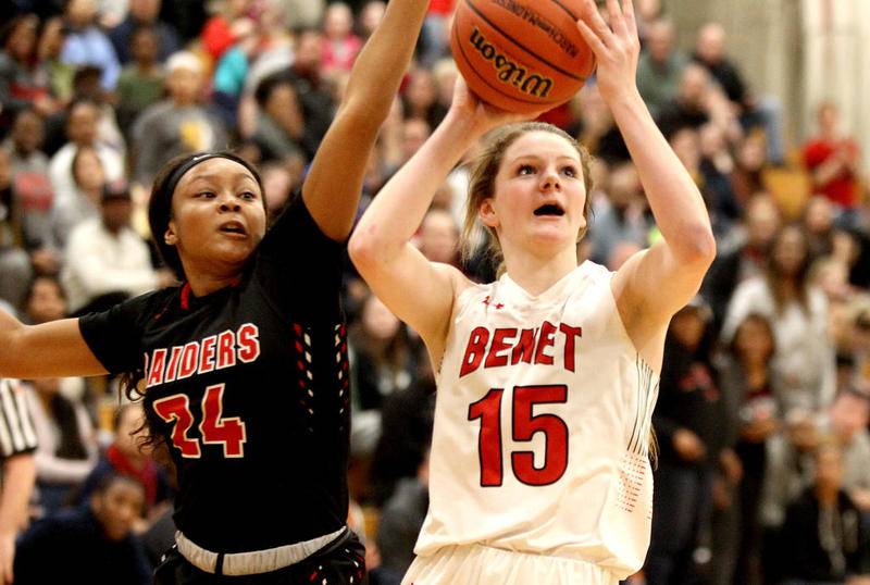 Benet's Kendall Moriarty (15) shoots the ball during Benet's 4A Sectional Championship loss to Bolingbrook in Lisle on Feb. 27.