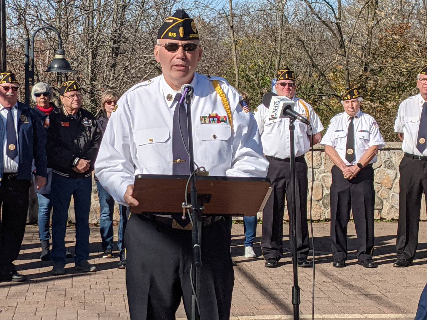 Oswego American Legion Post 675 Commander Kris Kearns spoke during  Oswego American Legion Post 675's annual Veteran Day Ceremony on Nov. 11.