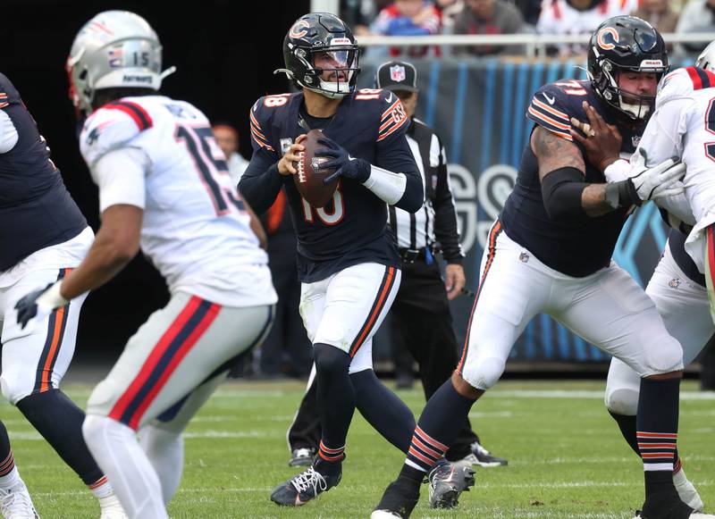 Chicago Bears quarterback Caleb Williams drops back to pass during their game against the New England Patriots Sunday, Nov. 10, 2024, at Soldier Field in Chicago.
