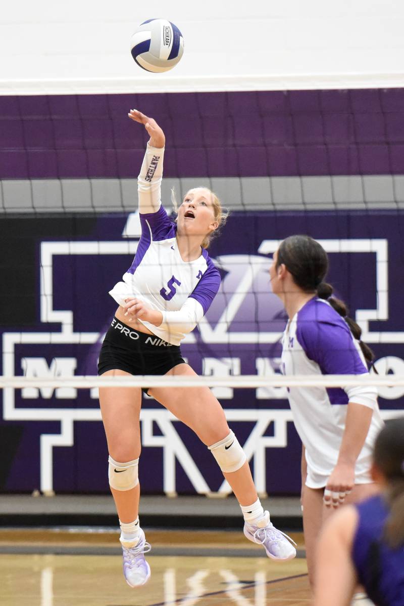 Manteno's Kendall Blanchette sends a hit across during a home game against Wilmington Tuesday, Oct. 7, 2025.