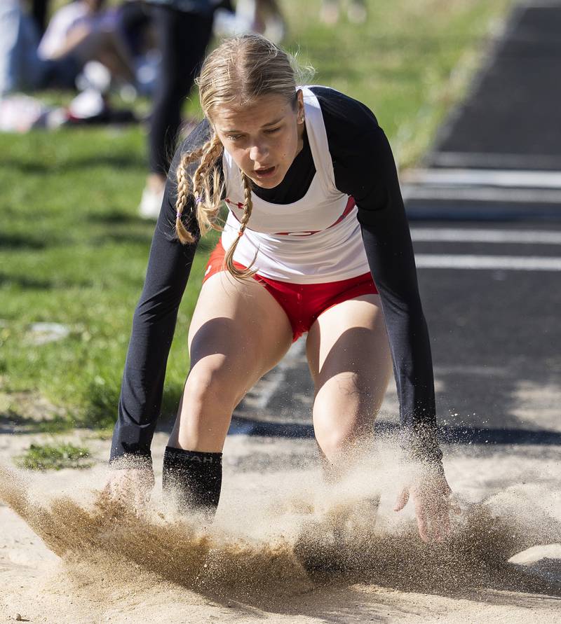 Oregon’s Gabriele Hoyle lands her triple jump Thursday, May 8, 2025, during the girls Big Northern Conference track meet.