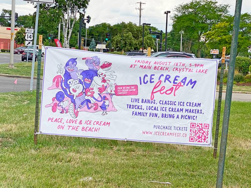Banner of the upcoming Ice Cream Fest outside of Julie Ann's in Crystal Lake. The festival will be Friday. Aug. 18 at Crystal Lake Main Beach.