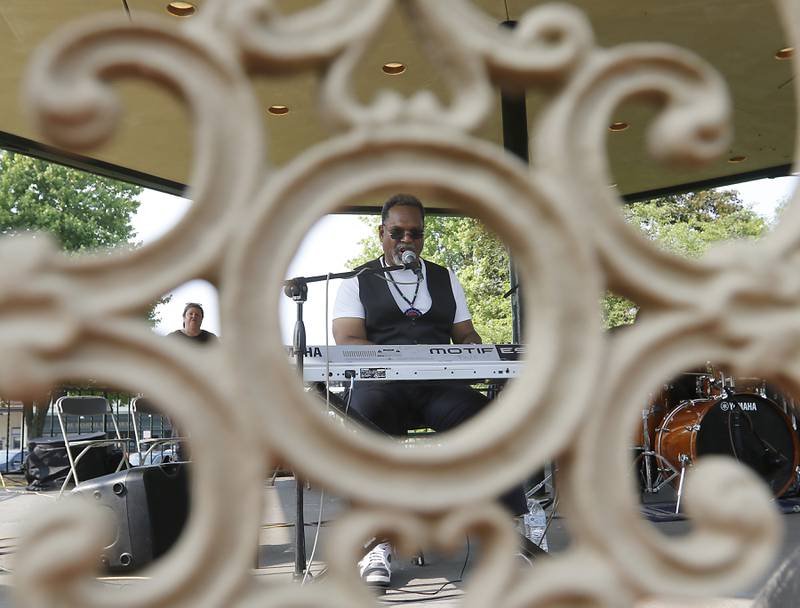 Jazz musician Ken Davis performs during McHenry County’s first Juneteenth celebration on Saturday, June 17, 2023, at the Historic Woodstock Square. The Juneteenth festival featured McHenry County College graduate Rodney Katushabe and Pastor Norval Brown of the Cary United Methodist Church, along with music from gospel singer Darlene Benton and jazz musician Ken Davis.