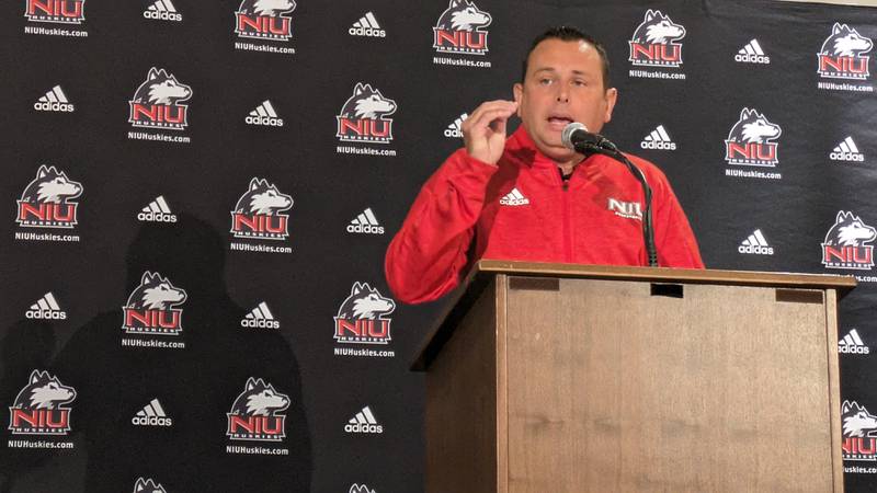 NIU broadcaster Andy Garcia speaks at the school's winter media day on Tuesday, October 24, 2023. Garcia was named the new play-by-play announcer for NIU basketball and football, replacing Bill Baker after the current football season concludes.