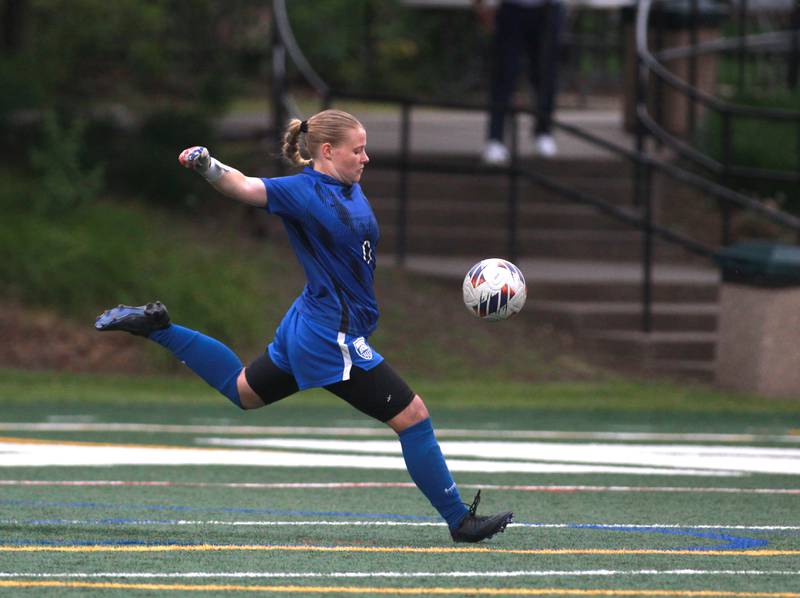 St. Charles North goal keeper Lauren Korioth kicks the ball during the Class 3A Glenbard West Sectional final against Wheaton Warrenville South on Friday, May 30, 2025 in Glen Ellyn.