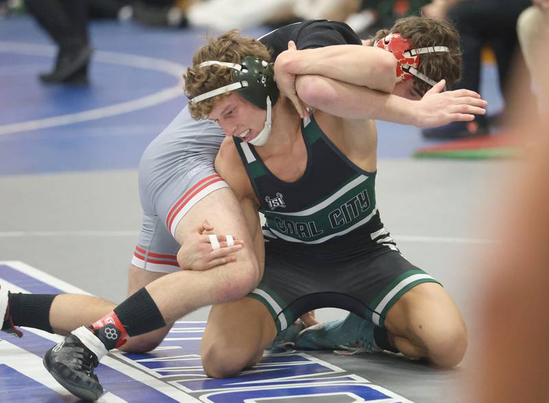 Coal City's Brody Widlowski wrestles Vandalia's Brody Widlowski during the 62nd annual Lyle King Princeton Invitational boys tournament on Saturday, Jan. 10, 2026 at Princeton High School.