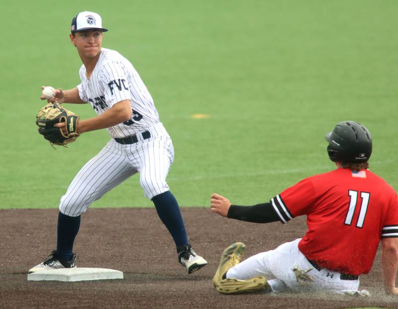 Cary-Grove’s Oskar Freund, left, forces Triad’s Hayden Bemreuter at second base in IHSA Class 3A Third Place Game baseball action at Slammer Stadium in Joliet on Saturday, June 14, 2025.