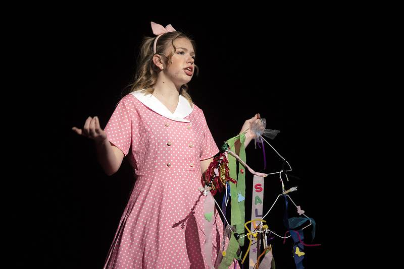 Sally, played by Joy Zigler, rehearses a scene Tuesday, March 7, 2023 for Newman High School’s “You’re a Good Man Charlie Brown.” Performances will be March 9, 10 and 11 at 7 pm and March 12 at 2 pm at the Jerry Mathis Theatre at Sauk Valley College.