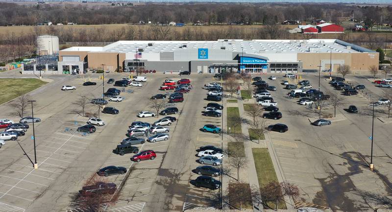 An aerial view of Wal-Mart on Thursday, March 19, 2026 in Streator. Streator Wal-Mart opened its doors on Tuesday, Oct. 12, 2011. The 125,000-square-foot store is located on the north end of town along Illinois Route 23. Plans for the store were in development since Dec. 2006.