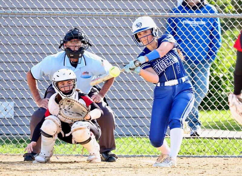 Princeton's Sylvie Rutledge hits the ball during the Tigresses' 15-0, four-inning victory on Thursday, May 7, 2026 in Princeton.