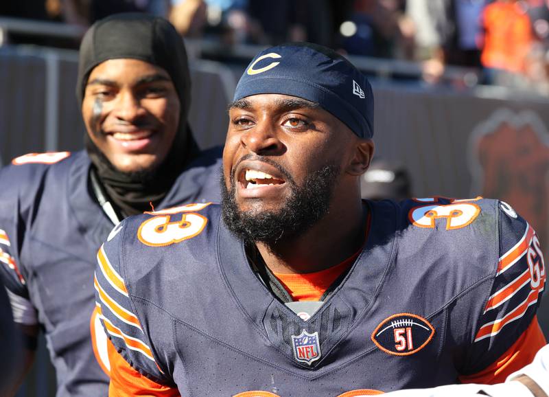 Chicago Bears cornerback Jaylon Johnson comes off the field after his first of two interceptions, a pick six, during their game against the Las Vegas Raiders Sunday, Oct. 22, 2023, at Soldier Field in Chicago.