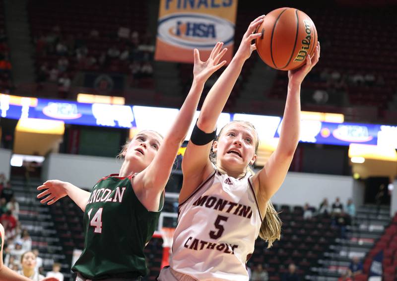 Montini's Victoria Matulevicius and Lincoln's Jenna Bowman go after a rebound during their game Friday, March 1, 2024, in the IHSA Class 3A state semifinal at the CEFCU Arena at Illinois State University in Normal.
