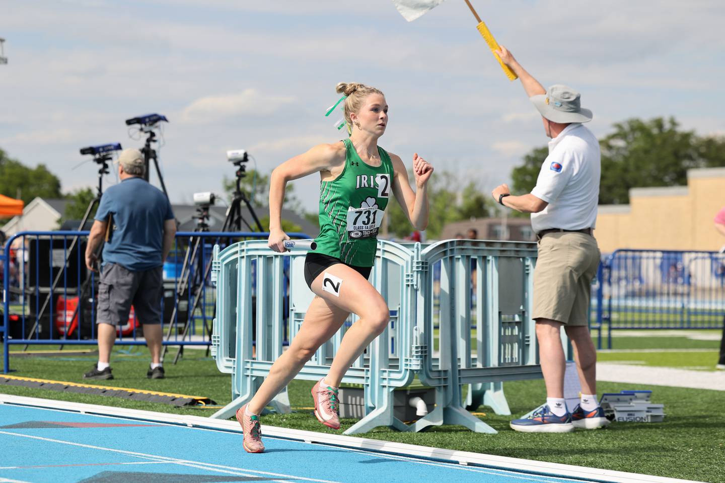 Seneca’s Lila Coleman competes in the 4x400 relay during the IHSA Class 1A Girls Track & Field State Finals on Saturday, May 24, 2025.