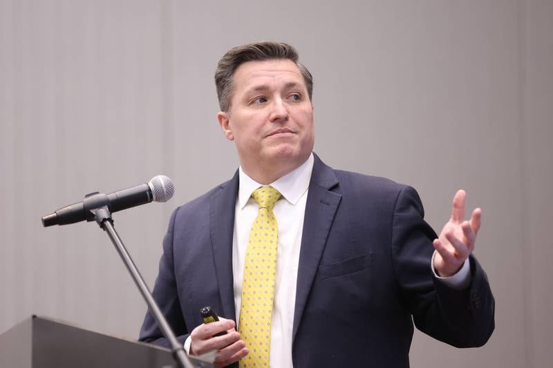 Doug Pryor, Vice President of Economic Development for the Will County Center for Economic Development, speaks to the Joliet Region Chamber of Commerce and Industry at a luncheon held at the Holiday Inn in Joliet. Wednesday, Feb. 16, 2022, in Joliet.