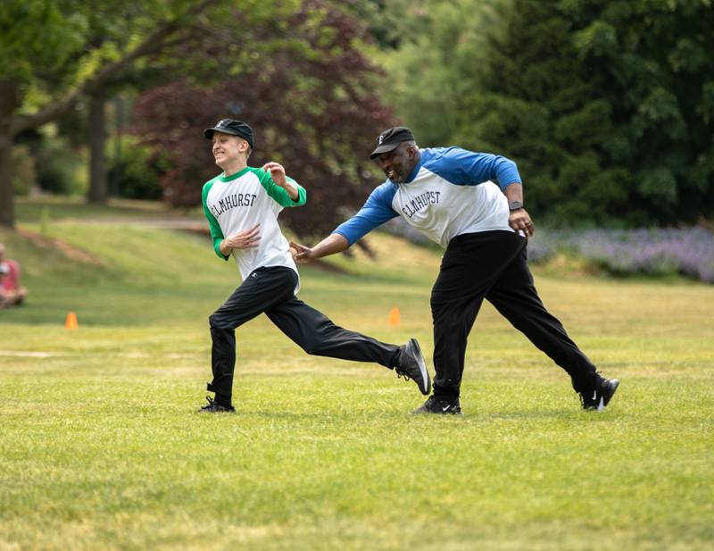 A player on Elmhurst University’s team tags out a runner during the Elmhurst Heritage Foundation's Vintage Baseball Game at Elmhurst University Mall on Sunday, June 4, 2023. Both teams from the city of Elmhurst and Elmhurst University played with baseball rules from 1850.