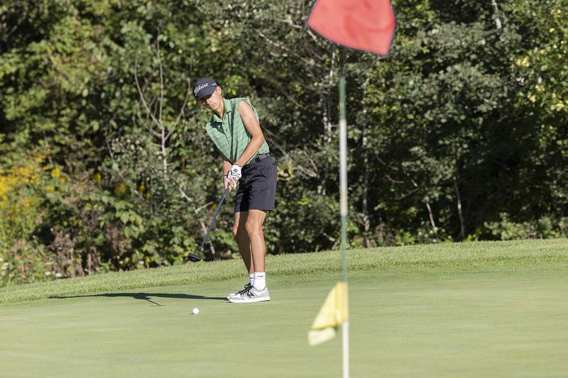 Rock Falls’ Korbin Cooksey putts on #11 against Oregon Tuesday, Sept. 3, 2024, at Silver Ridge Golf Club in Oregon.
