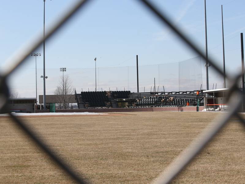 Workers from Hayden Construction installed box seats at Schweickert Stadium on Monday, March 6, 2023 in Peru. The stadium home of the Pistol Shrimp grandstand was approved by the Peru City Council last June. This phase included 575 box seats, a new grandstand and press box.