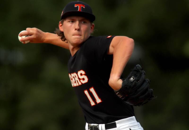Crystal Lake Central’s John Gariepy deals in supersectional baseball action against DePaul College Prep at Wintrust Field in Schaumburg Monday.