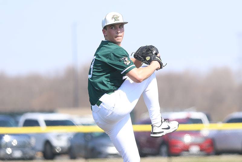 Coal City’s Lance Cuddy delivers a pitch against Wilmington on Monday, March 30, 2026 in Coal City.