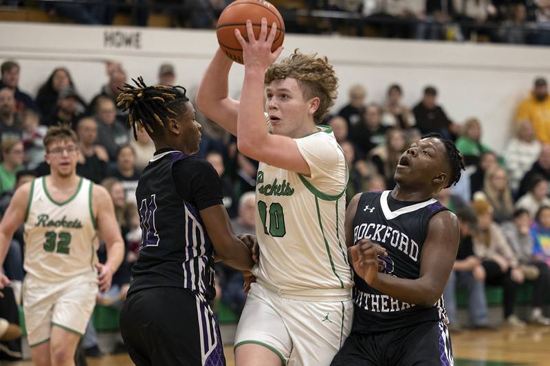 Rock Falls’ Kuitim Heald drives to the hoop Friday, Feb. 3, 2023 against Rockford Lutheran.