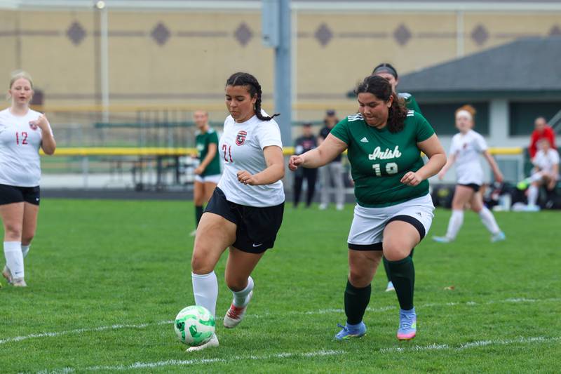 Bradley-Bourbonnais' Raegan Jones approaches the goal under pressure from Bishop McNamara's Leslie Orozco during the Boilermakers' 9-1 win over Bishop McNamara in All-City play on Tuesday, March 31, 2026.